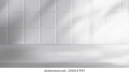 White bathroom tile studio product table display vector background. 3d minimal cosmetic stage with wall and floor in bath room mockup. Empty interior with countertop and light from window with shadow.