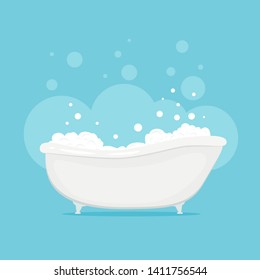 White bathtub in bathroom. Vintage bath and soap foam bubbles on blue background,  illustration.