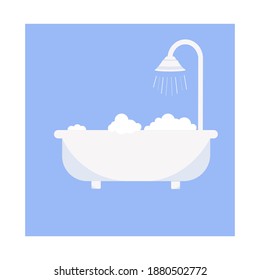 White bathtub in the bathroom. Vintage bath and soap foam bubbles on a blue background. Vector illustration.