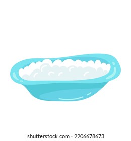 White bathtub in bathroom. Vintage bath and soap foam bubbles on blue background, illustration