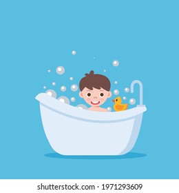 White bathtub in bathrooms with a smiling boy. Vintage bath and soap foam bubbles on blue background, illustration. eps 10