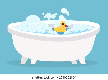 White bathtub. Cartoon clean cute hot bath with bubble and toys for indoor home spa foam soap relaxation isolated vector illustration