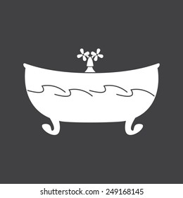 White bathtub decorated with stylized waves and tap isolated on grey background. Logo template, design element
