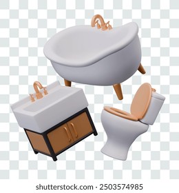 White bathtub with metal legs, sink with cabinet, toilet with seat