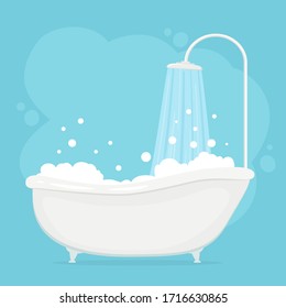 White Bathtub With Shower In Bathroom. Vintage Bath With Water And Soap Foam Bubbles On Blue Background. Retro Bathroom. Running Water. Flat Cartoon Illustration. 