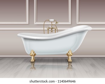 White bathtub in vintage style with clawfoot and golden elements. Vector illustration of classic rim tub, double slipper and ended tubs, isolated on interior background.