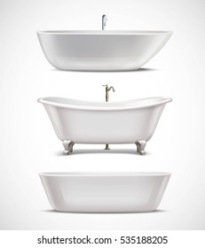 White bathtubs of different style and shape realistic set isolated on white background vector illustration