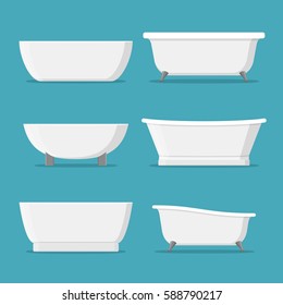 White bathtubs of different style and shape set isolated on blue background vector illustration.