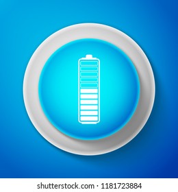 White Battery charge level indicator icon isolated on blue background. Battery charging - power sign. Electricity symbol - energy sign. Circle blue button with white line. Vector Illustration
