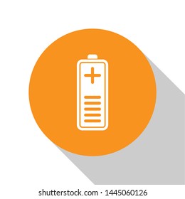 White Battery charge level indicator icon isolated on white background. Orange circle button. Vector Illustration