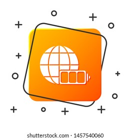 White Battery charge level indicator with earth globe icon isolated on white background. World or Earth sign. Orange square button. Vector Illustration