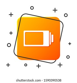 White Battery charge level indicator icon isolated on white background. Orange square button. Vector Illustration