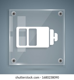 White Battery charge level indicator icon isolated on grey background. Square glass panels. Vector Illustration