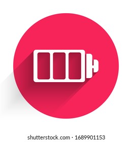 White Battery charge level indicator icon isolated with long shadow. Red circle button. Vector Illustration