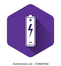 White Battery icon isolated with long shadow. Lightning bolt symbol. Purple hexagon button. Vector Illustration