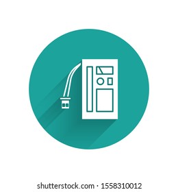 White Battery icon isolated with long shadow. Accumulator battery energy power and electricity accumulator battery. Green circle button. Vector Illustration