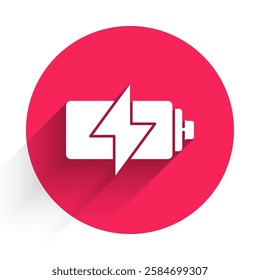 White Battery icon isolated with long shadow. Lightning bolt symbol. Red circle button. Vector Illustration