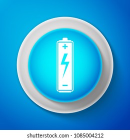 White Battery icon isolated on blue background. Circle blue button with white line. Vector Illustration