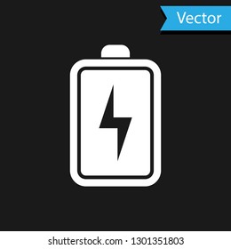 White Battery icon isolated on black background. Lightning bolt symbol. Vector Illustration