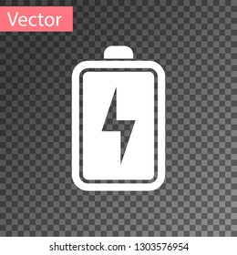 White Battery icon isolated on transparent background. Lightning bolt symbol. Vector Illustration