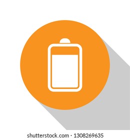 White Battery icon isolated on white background. Orange circle button. Flat design. Vector Illustration