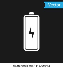 White Battery icon isolated on black background. Lightning bolt symbol. Vector Illustration
