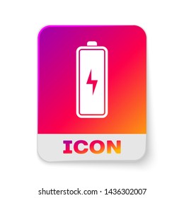 White Battery icon isolated on white background. Lightning bolt symbol. Rectangle color button. Vector Illustration
