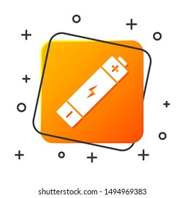 White Battery icon isolated on white background. Lightning bolt symbol. Orange square button. Vector Illustration