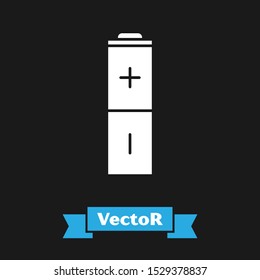 White Battery icon isolated on black background. Lightning bolt symbol.  Vector Illustration