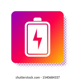 White Battery icon isolated on white background. Lightning bolt symbol. Square color button. Vector Illustration