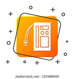 White Battery icon isolated on white background. Accumulator battery energy power and electricity accumulator battery. Orange square button. Vector Illustration