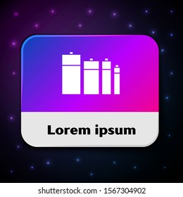 White Battery icon isolated on black background. Lightning bolt symbol. Rectangle color button. Vector Illustration