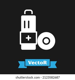 White Battery icon isolated on black background. Lightning bolt symbol.  Vector