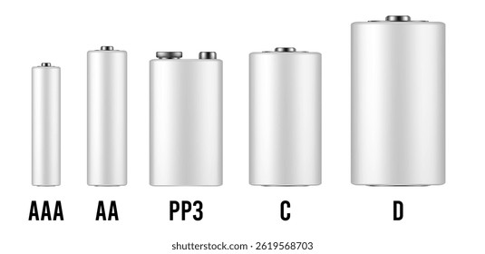 White battery mockup. Set of different types of alkaline batteries. AAA, AA, PP3, C and D types. Realistic vector illustration
