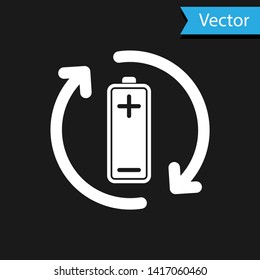 White Battery with recycle symbol line icon isolated on black background. Battery with recycling symbol - renewable energy concept. Vector Illustration
