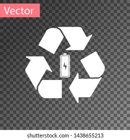 White Battery with recycle symbol line icon isolated on transparent background. Battery with recycling symbol - renewable energy concept. Vector Illustration