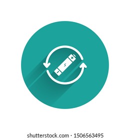 White Battery with recycle symbol line icon isolated with long shadow. Battery with recycling symbol - renewable energy concept. Green circle button. Vector Illustration