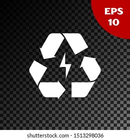 White Battery with recycle symbol line icon isolated on transparent dark background. Battery with recycling symbol - renewable energy concept.  Vector Illustration