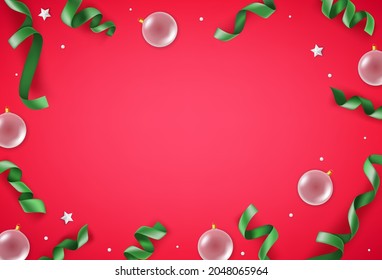 White baubles and green ribbons on red background. Christmas banner with copy space


