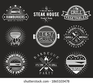 White bbq grill logo, label, badge, emblem set, vector illustration. Barbecue party, steak house vintage logos. Fresh and tasty hamburgers, steaks, kebabs, chicken. Grilled meat and vegetables.