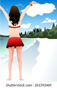 White Beach with fun Vacation - cheerful woman raising her arms and feeling happy freedom in beautiful paradise resort on summer holiday on a background bright blue sky and water : vector illustration