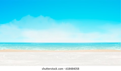 White beach sand, blue sea, sky, clouds, sunlight, white wood boards. Summer design for holidays background, vacation banner, panorama. Separated elements under masks,vector illustration.