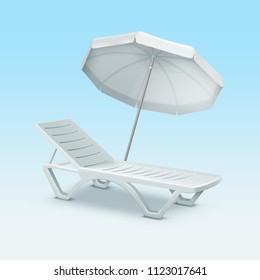 White beach sunbed sun bed chair sunlounger lounger chaise-longue chaise longue deck daybed recliner lounge with umbrella vector realistic illustration isolated on background