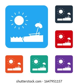 White Beach with umbrella and chair icon isolated on white background. Tropical beach landscape. Good sunny day. Set icons in color square buttons. Vector Illustration