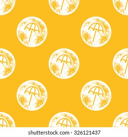 White Beach Umbrella Pattern on Yellow Background - Grunge Retro Seamless Pattern Background - Vector Illustration