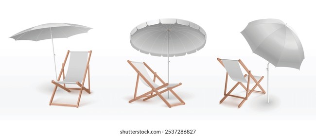 White beach umbrellas with wooden lounge chairs in different angles. 3D mockup of seaside furniture set. Realistic template for outdoor equipment branding, resort advertising or summer product promo.