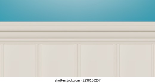 White beadboard or wainscot with top chair guard trim seamless pattern on blue wall. Light wood or gypsum embossed baseboard or skirting under vintage wall panels. Vector illustration