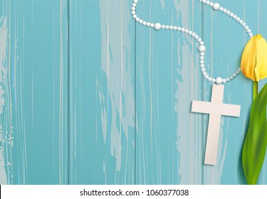 White beads, cross and yellow tulip on blue rustic wooden background. Vector illustration