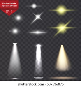 White beam lights set of different shapes and projections gleaming in the darkness banner abstract vector illustration