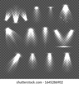 White beam lights set. Illumination effects. Bright lighting with spotlights. Set of different shapes and projections. 